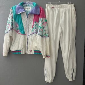 Vtg Womens 80s Tracksuit Windbreaker Shiny Bright Colorblock Barbiecore Large